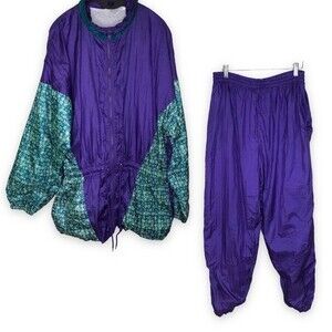 Vintage Honors Track Suit Anorak Jacket Pants Purple Teal Green Floral Women XL